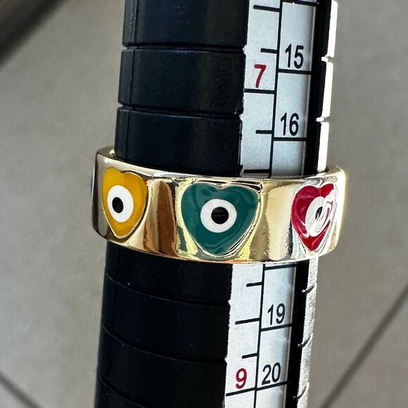 NIB Pretty Bird Colorful Heart Design Evil Eye Yellow Gold Plated Ring Size 8 - Picture 6 of 8